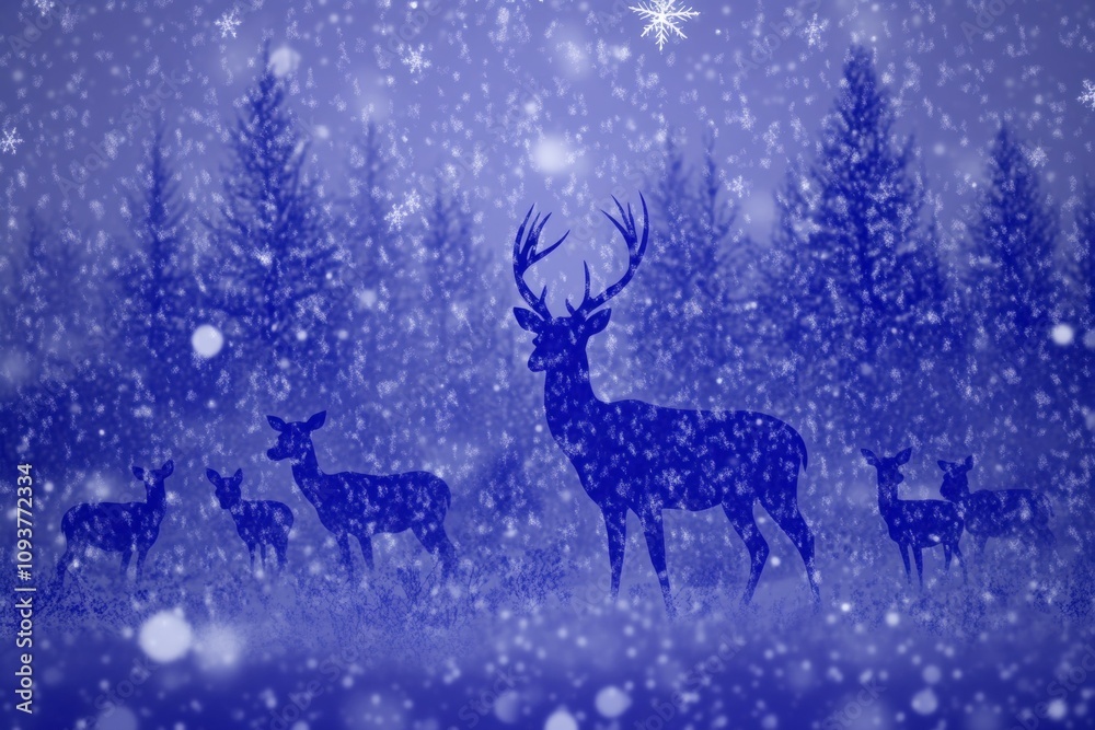 Majestic deer herd in snowy forest night with falling snowflakes Majestic deer herd in snowy forest night with falling snowflakes