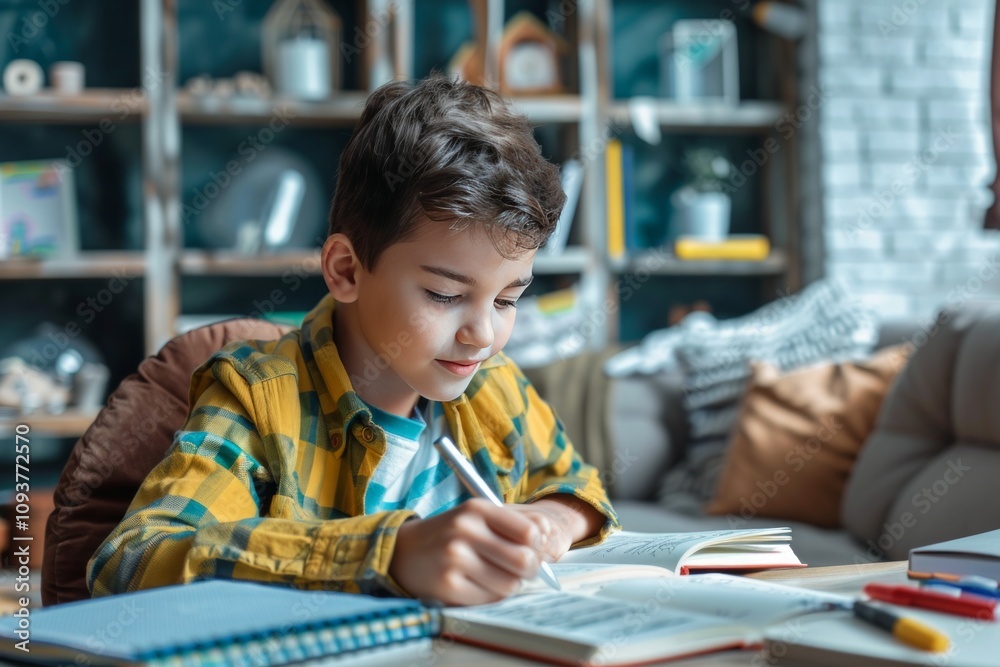 Doing Homework. education - happy boy doing homework and writing to notebook at home Doing Homework. education - happy boy doing homework and writing to notebook at home