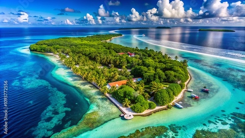 Aerial View of Gulhi Island near Maafushi in Kaafu Atoll, Showcasing the Breathtaking Blue Ocean and Lush Tropical Landscape of the Maldives photo