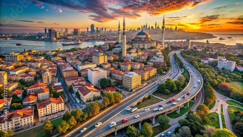 Aerial View of Istanbul's Morning Skyline: Skyscrapers, Residential Areas, and Highways Captured in a Stunning Panorama of Turkey's Vibrant Cityscape
