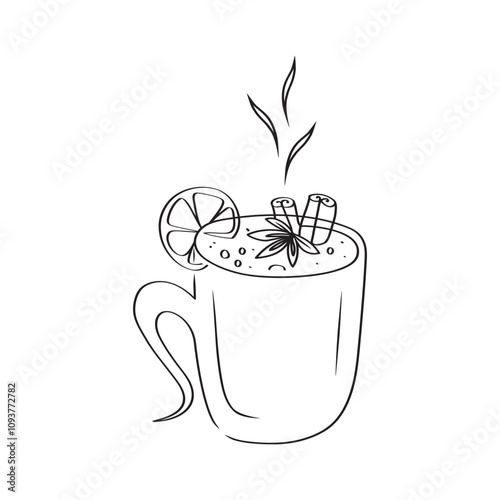 A cup of hot drink with spices. Single line art. Hand drawn vector illustration.