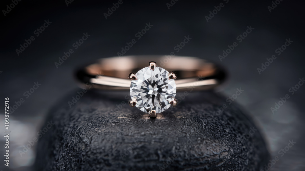 A diamond ring is set in a gold band and is resting on a stone surface. The ring is the main focus of the image, and the stone surface adds a sense of weight and solidity to the scene A diamond ring is set in a gold band and is resting on a stone surface. The ring is the main focus of the image, and the stone surface adds a sense of weight and solidity to the scene