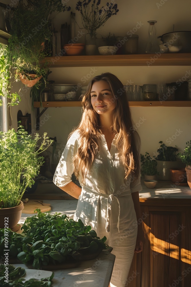A bright young woman proudly stands in a sunlit kitchen A bright young woman proudly stands in a sunlit kitchen