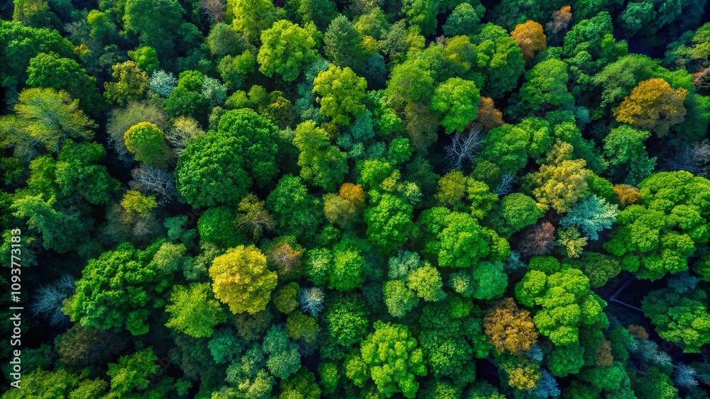 Aerial View of Lush Green Forest Canopy Showcasing Diverse Tree Types and Their Natural Patterns Under Bright Blue Sky in a Serene Outdoor Environment Aerial View of Lush Green Forest Canopy Showcasing Diverse Tree Types and Their Natural Patterns Under Bright Blue Sky in a Serene Outdoor Environment