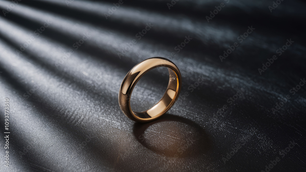 A gold ring with a diamond in the center sits on a black surface. The ring is the main focus of the image, and it is a symbol of love or commitment. The black surface adds a sense of elegance A gold ring with a diamond in the center sits on a black surface. The ring is the main focus of the image, and it is a symbol of love or commitment. The black surface adds a sense of elegance