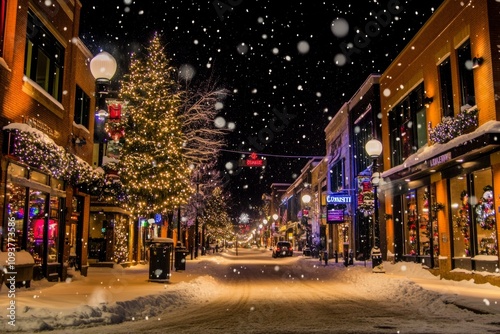 Festive snowy night in decorated city street with holiday lights