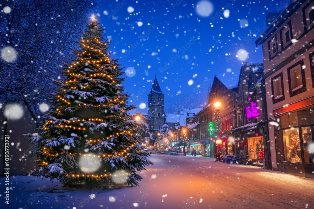 Festive winter night in snowy town with illuminated christmas tree Festive winter night in snowy town with illuminated christmas tree