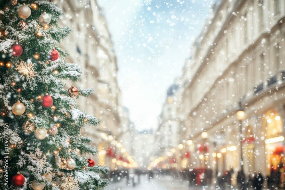 Snowy city street with christmas tree and decorated ornaments Snowy city street with christmas tree and decorated ornaments