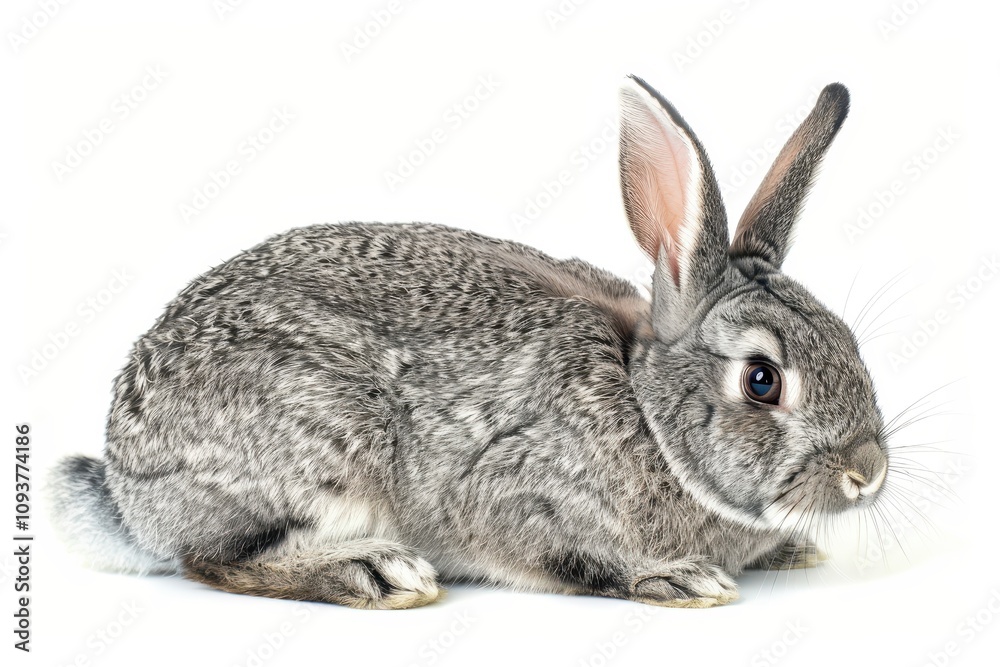 A single gray bunny against a white backdrop A single gray bunny against a white backdrop