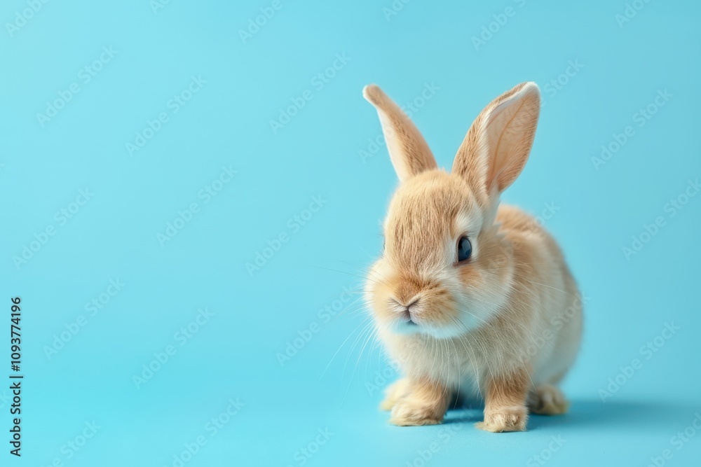 Fototapeta premium Adorable baby rabbit sitting on blue background cute actions