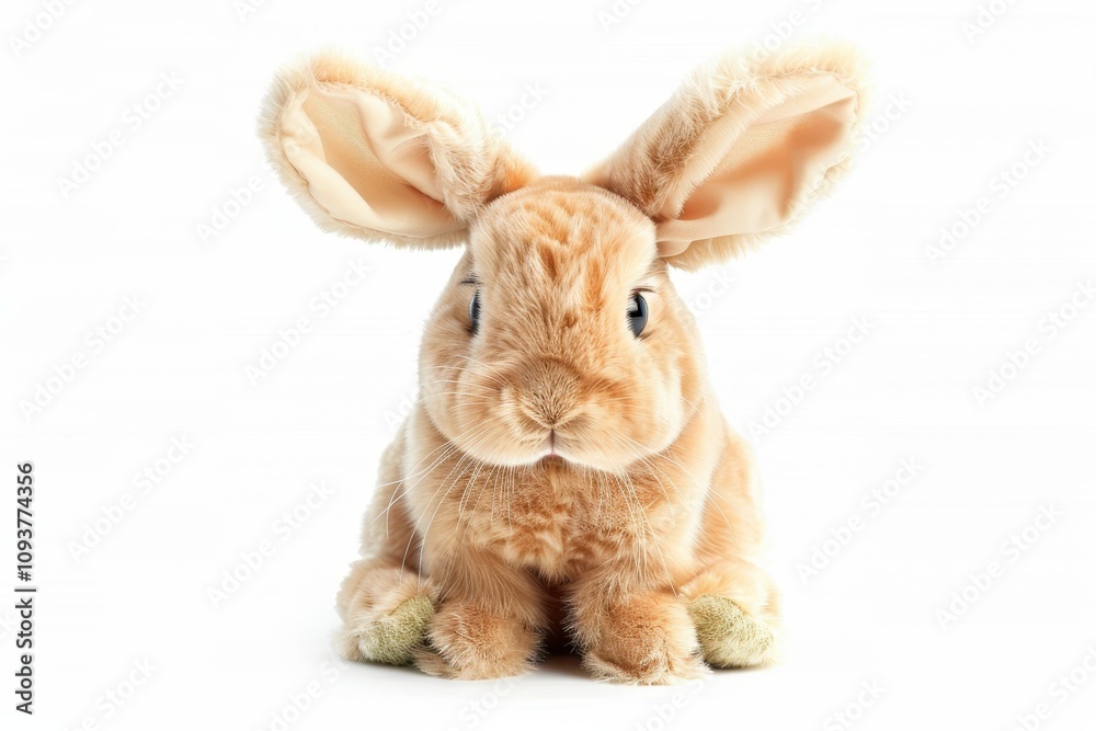 Fototapeta premium Amusing beige bunny with large ears and comical expression against white backdrop