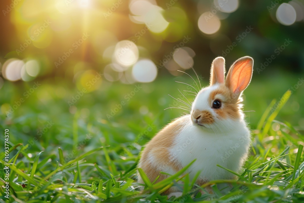 Baby rabbit sitting on green grass with bokeh background Easter bunny concept Baby rabbit sitting on green grass with bokeh background Easter bunny concept