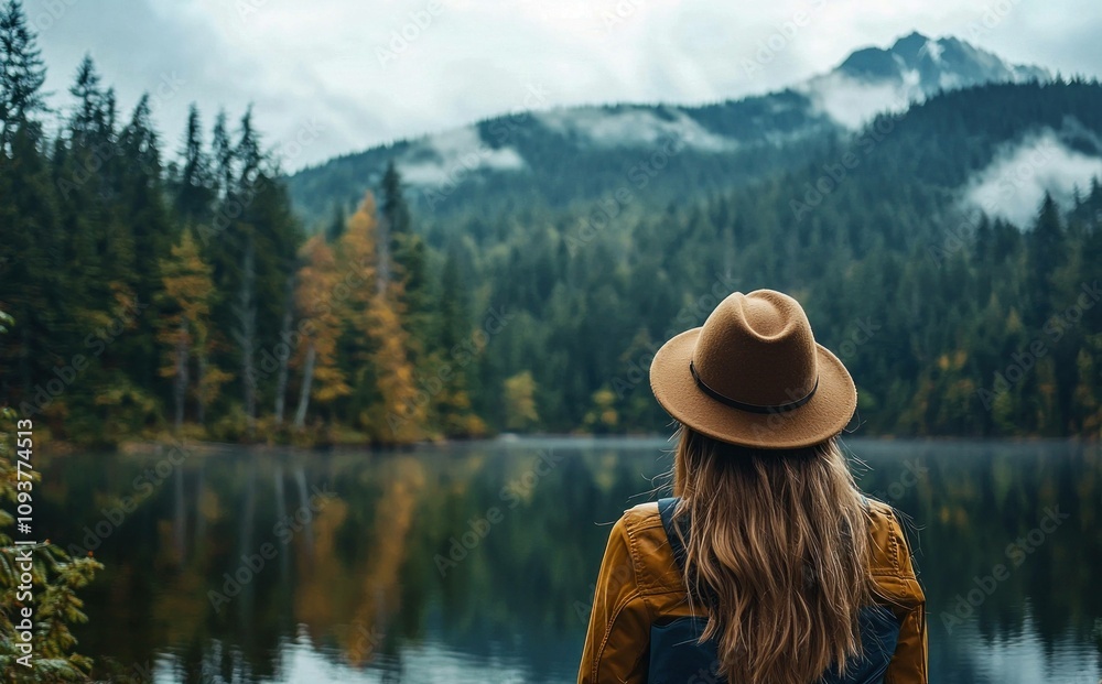 Thoughtful woman in hat gazing at serene lake surrounded by misty mountains and evergreen trees, reflecting on nature's beauty and tranquility. Thoughtful woman in hat gazing at serene lake surrounded by misty mountains and evergreen trees, reflecting on nature's beauty and tranquility.