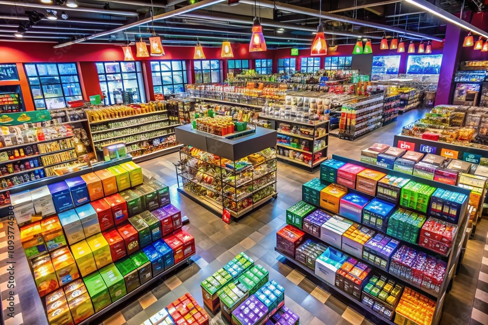 Aerial View of Organized Store Shelves Displaying a Variety of Merchandise in a Retail Environment Captured with Drone Photography for Inventory Management and Marketing Insights Aerial View of Organized Store Shelves Displaying a Variety of Merchandise in a Retail Environment Captured with Drone Photography for Inventory Management and Marketing Insights
