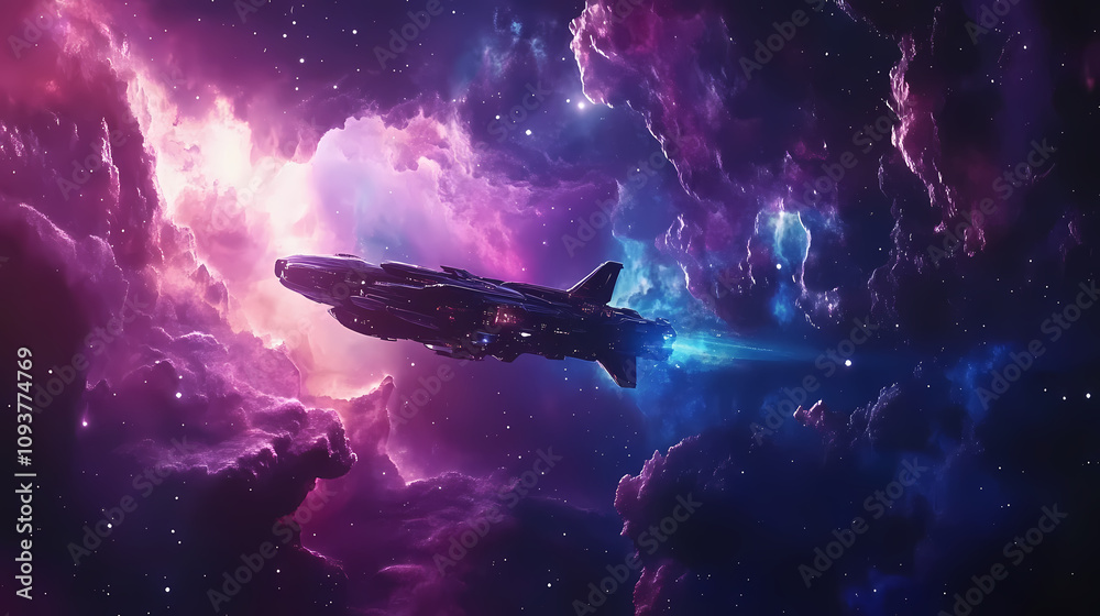 A futuristic spaceship gliding through a vibrant nebula, showcasing the vastness and beauty of outer space. Space Wanderer Voyage. Illustration A futuristic spaceship gliding through a vibrant nebula, showcasing the vastness and beauty of outer space. Space Wanderer Voyage. Illustration