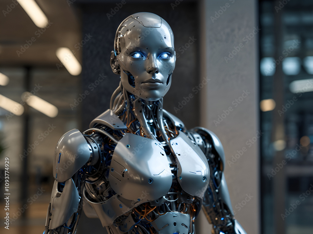 Friendly robot in the office symbolizing AI technology. Friendly robot in the office symbolizing AI technology.