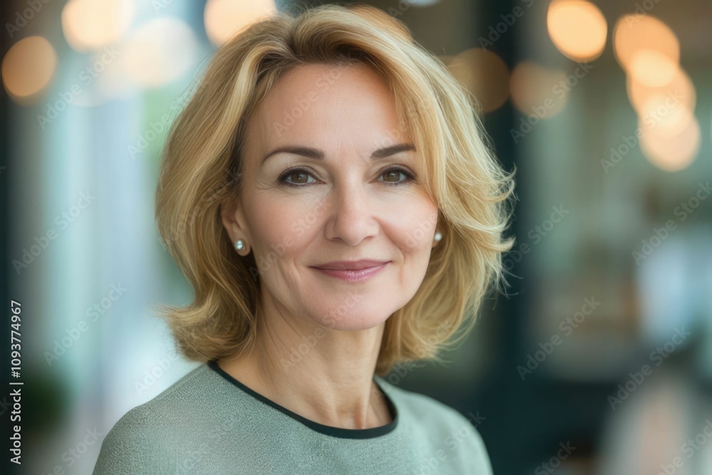 Obraz premium Close-up headshot of confident European mature, good looking middle-aged leader, businesswoman CEO on blurred office background. Beautiful senior European businessman smiling at the camera
