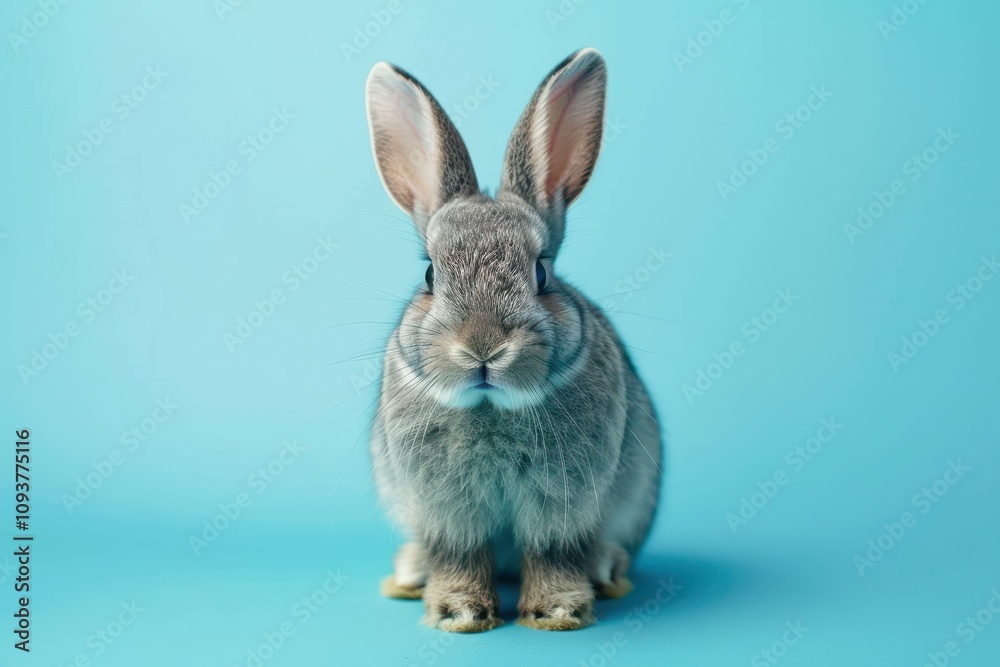 Obraz premium Gray rabbit standing on blue background cute movement