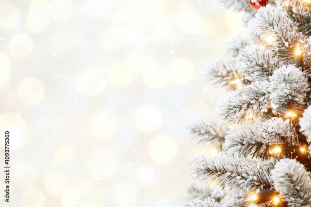 Snowy christmas tree branches with warm lights and bokeh background Snowy christmas tree branches with warm lights and bokeh background