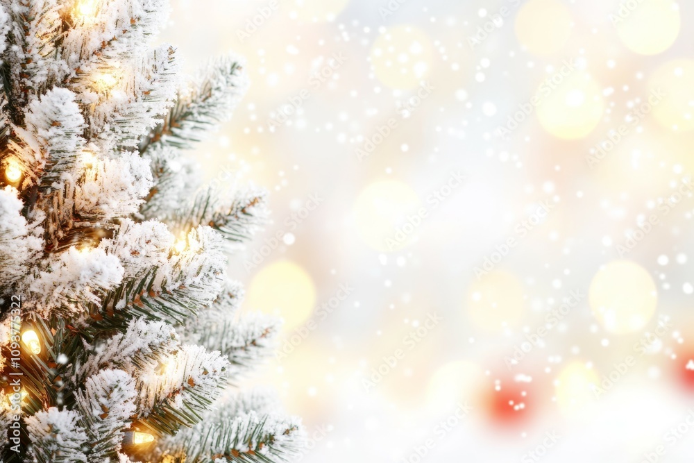 Snow-covered christmas tree with twinkling lights and bokeh background Snow-covered christmas tree with twinkling lights and bokeh background