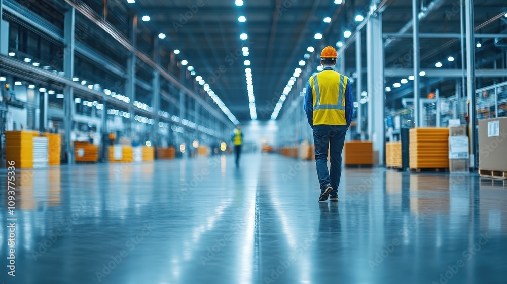 Obraz premium Worker in safety gear walking through a large industrial warehouse.