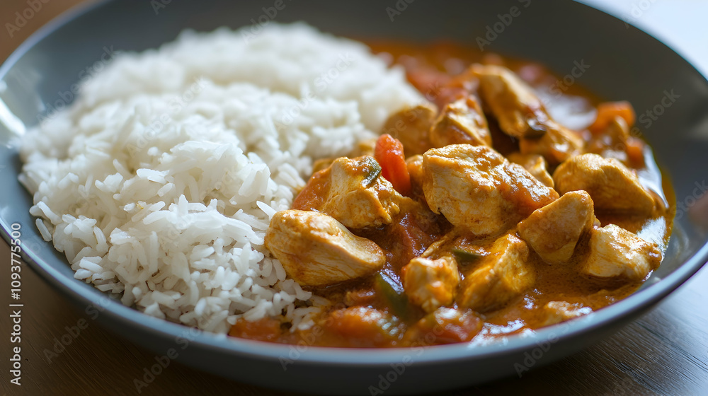 Delicious and nutritious homemade Nepali chicken masala curry and rice ideal for fitness and weight loss with a copyspace image.high quality image Delicious and nutritious homemade Nepali chicken masala curry and rice ideal for fitness and weight loss with a copyspace image.high quality image