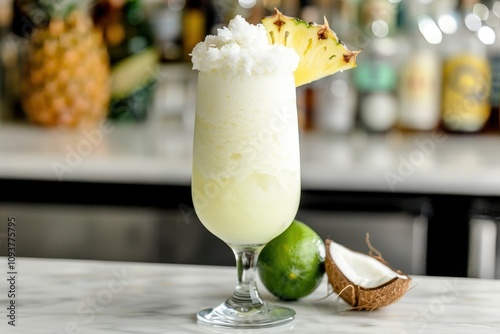 Pina Colada with Garnish on Marble Counter