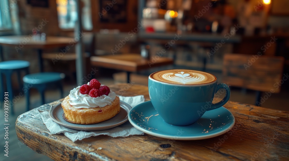 Latte and raspberry tart on cafe table. Latte and raspberry tart on cafe table.