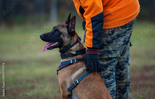 Foto Belgian Shepherd Malinois on a leash in the park during training