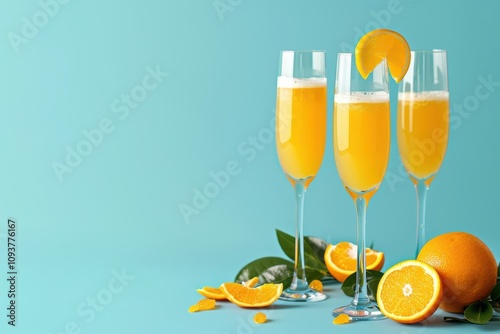 Traditional summer mimosa cocktail with orange juice on a light blue background for a summer bar menu concept with space for copy
