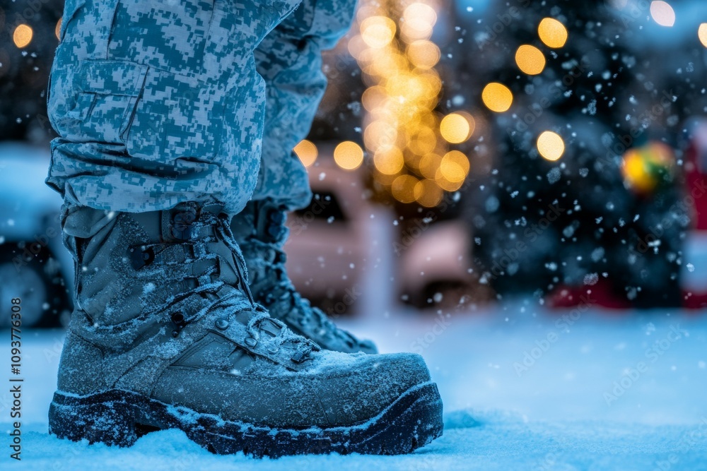 Soldier's winter boots in snowy landscape with festive lights Soldier's winter boots in snowy landscape with festive lights