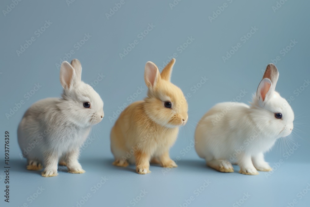 Variety of standing poses of three cute little rabbits in lovely action Variety of standing poses of three cute little rabbits in lovely action