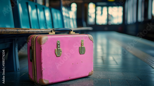 Forgotten pink suitcase left behind in a train station waiting room, symbolizing lost travel.high quality image photo