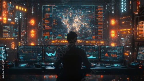 A man monitors a futuristic control room filled with multiple screens, displaying data visualizations and a glowing world map in a high-tech environment.