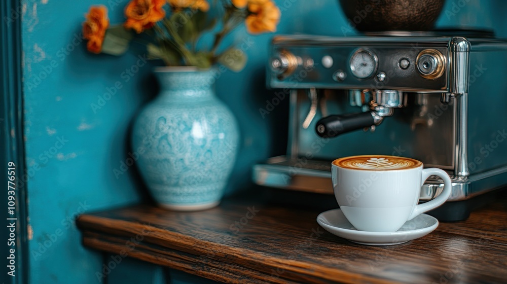 Fototapeta premium Latte art in a white cup beside espresso machine.