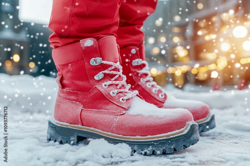 Red winter boots in snowy urban setting with festive lights Red winter boots in snowy urban setting with festive lights