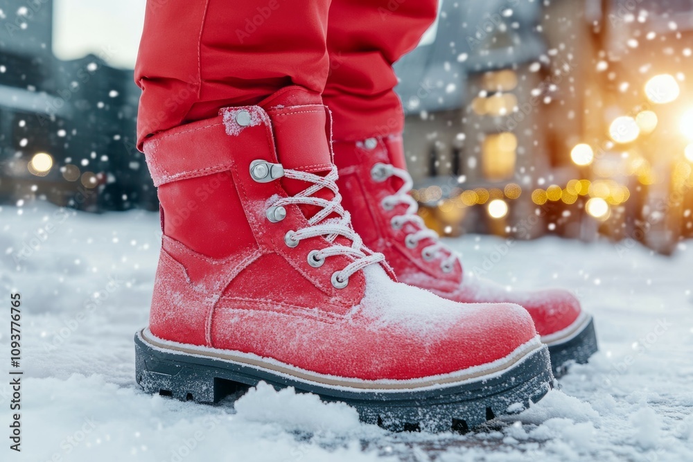 Bright red winter boots in snowy outdoor scene Bright red winter boots in snowy outdoor scene