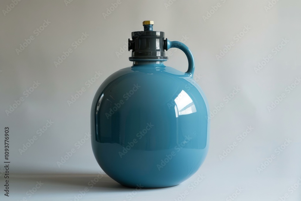 Blue ceramic jug is standing on a white surface with a white background Blue ceramic jug is standing on a white surface with a white background