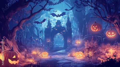 Spooky Halloween night scene with castle, pumpkins, bats, and trees.