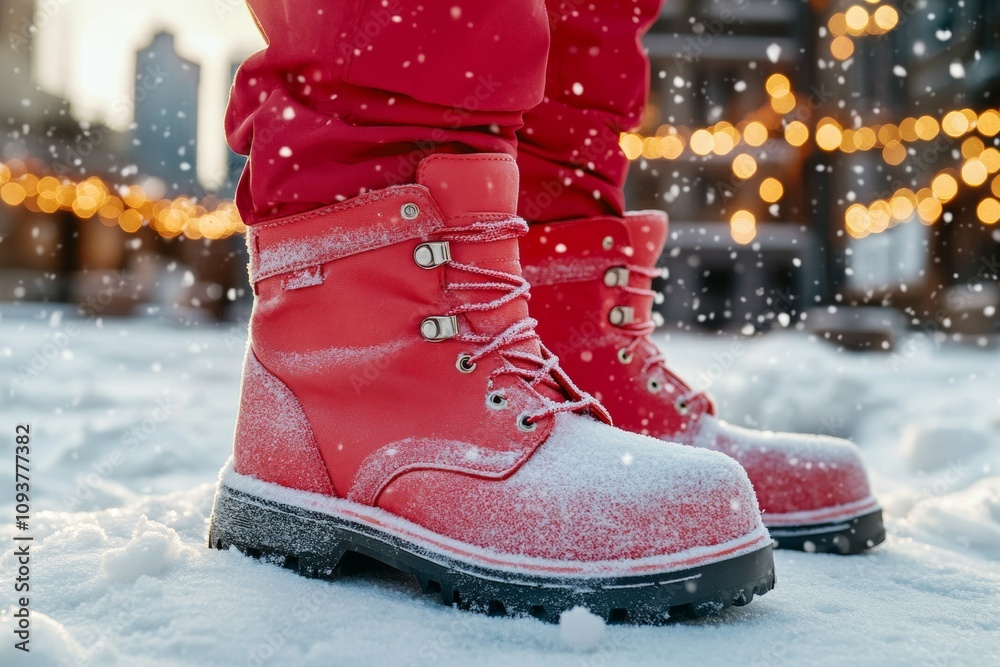 Red winter boots in snowy outdoor scene with festive lights Red winter boots in snowy outdoor scene with festive lights