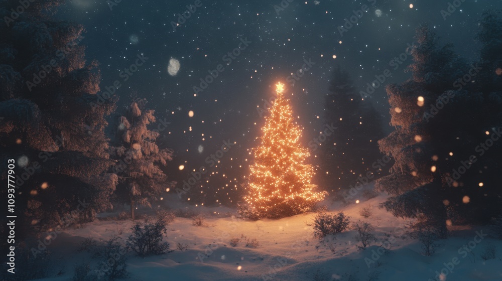 Fototapeta premium Christmas tree in snowy landscape