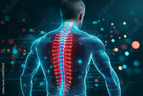 Digital illustration of human spinal cord highlighting neural pathways for medical education and scientific analysis