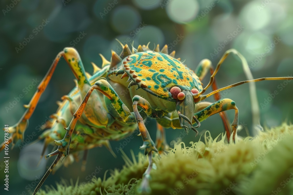 Fototapeta premium 3d illustration featuring a vibrant, spiky insect with intricate patterns navigating a bed of moss