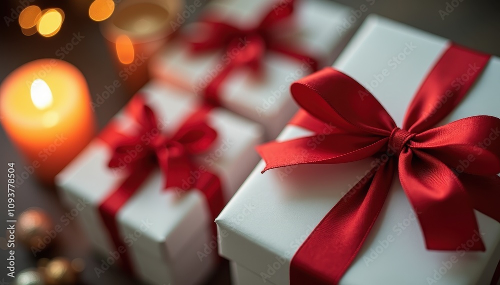 Artfully tied ribbons adorn minimalist gift boxes beside glowing holiday candles. Artfully tied ribbons adorn minimalist gift boxes beside glowing holiday candles.
