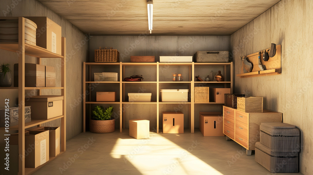 Simple Basement Room with Shelves and Storage Boxes.4k image Simple Basement Room with Shelves and Storage Boxes.4k image
