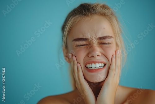 Young woman grimacing with eyes closed and hands on cheeks against blue background expressing frustration or pain