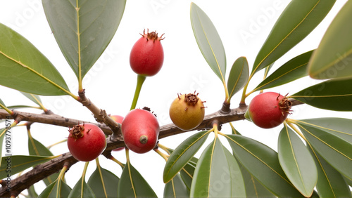 seedpods and leaves of kurrajong (Brachychiton populneus) tree isolated on white background photo