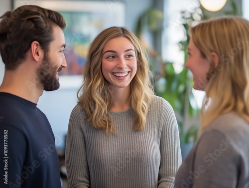 Group of three young adults engaging in friendly conversation at a modern cafe, surrounded by vibrant plants and decor background
