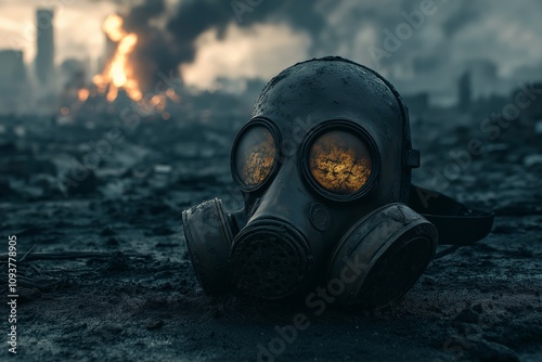 Gas mask in a dystopian landscape with burning fire and dark smoky sky illustrating environmental pollution and apocalyptic theme