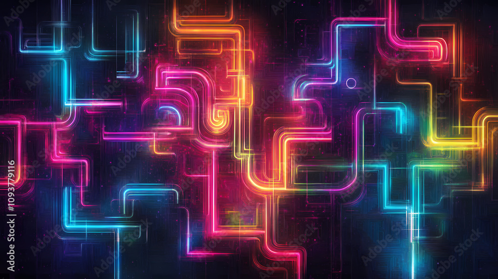 A colorful neon maze with intricate pathways, showcasing a vibrant and futuristic abstract design. Abstract Neon Geometry. Illustration